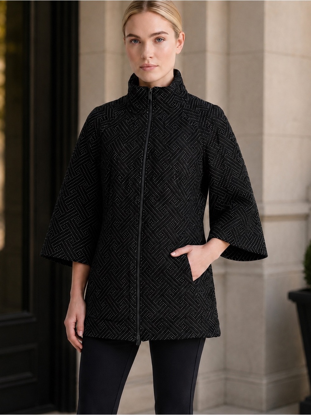 Hilton Hollis Black White Geometric Knit Coat Jacket Size 8